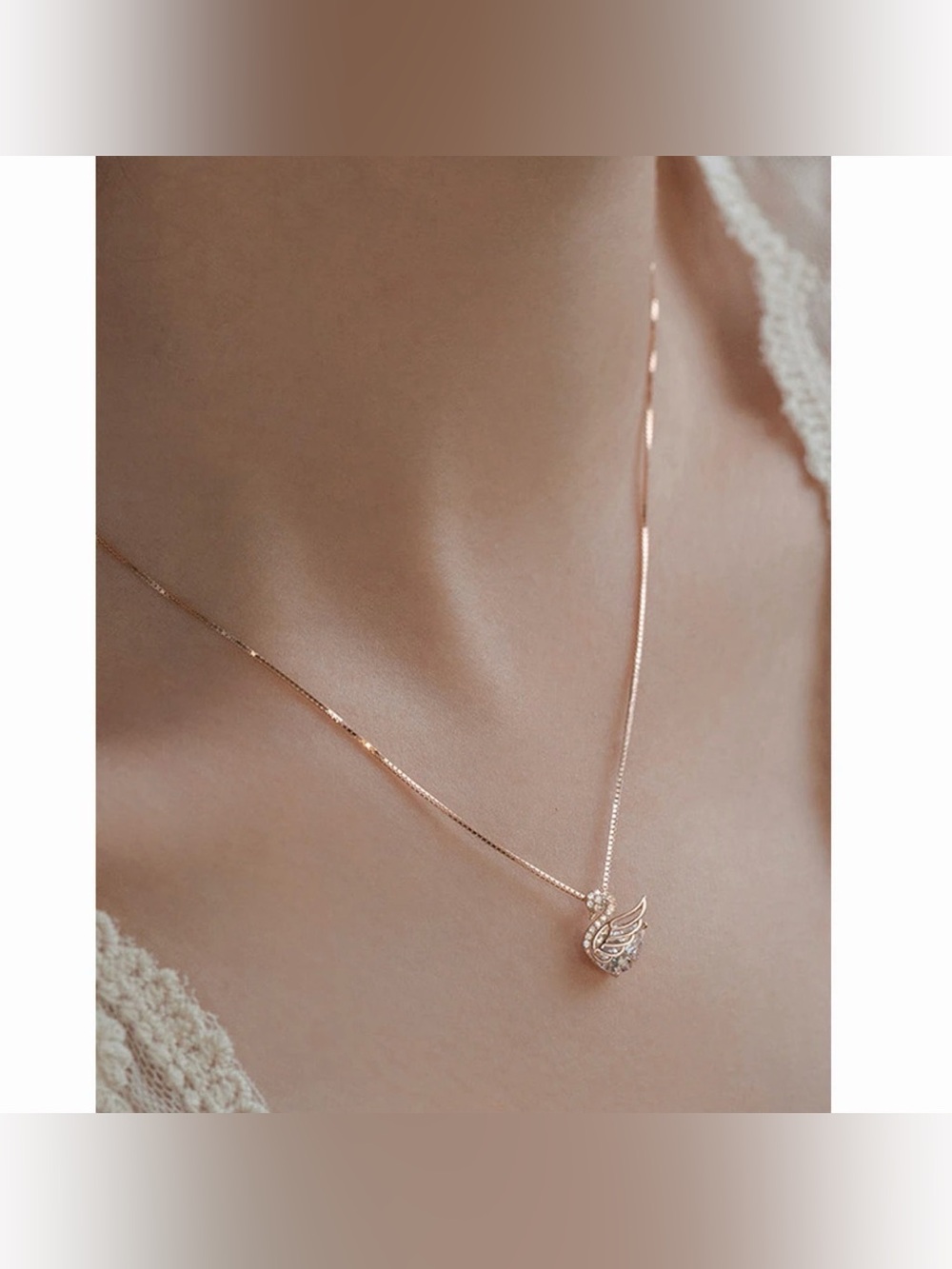 Rose Gold Plated Dainty Swan Pendant Necklace with Crystal Accents